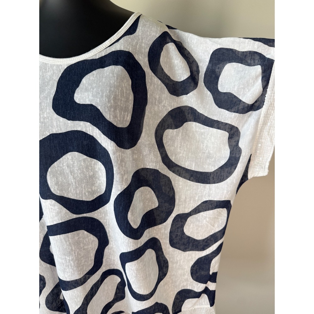 Made in Italy Linen Blend Tunic Top Navy White Abstract Circle Sequin Trim M/L - Picture 5 of 10